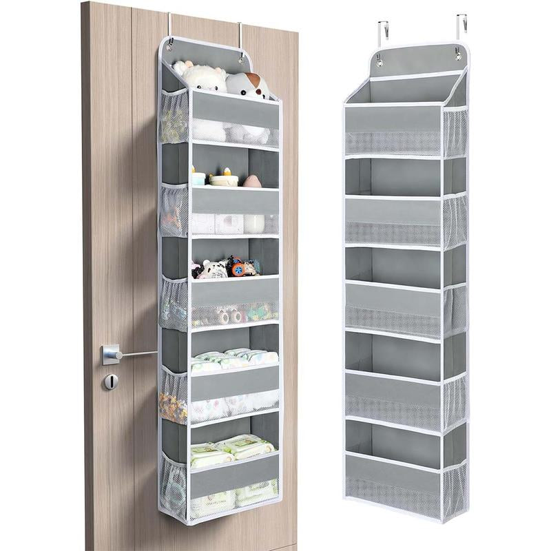 Over Door Organizer with 5 Storage Bins 10 Side Pockets, 44 Lbs Hanging Bathroom Organizer, Bedroom No Tilt Closet Organizer and Storage Rack, Baby Organizer, Extra Storage, Gray