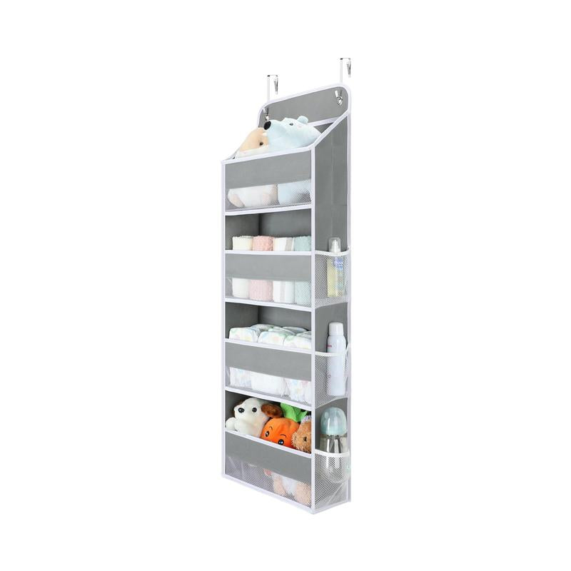 Over Door Organizer with 5 Storage Bins 10 Side Pockets, 44 Lbs Hanging Bathroom Organizer, Bedroom No Tilt Closet Organizer and Storage Rack, Baby Organizer, Extra Storage, Gray