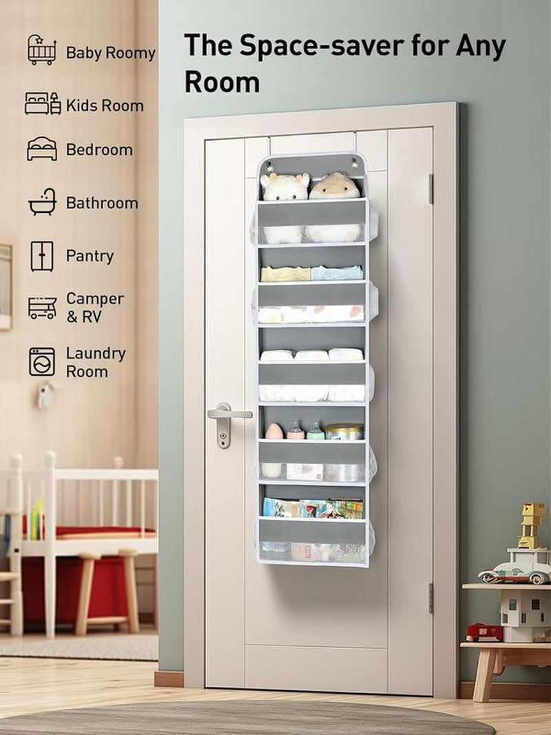 Over Door Organizer with 5 Storage Bins 10 Side Pockets, 44 Lbs Hanging Bathroom Organizer, Bedroom No Tilt Closet Organizer and Storage Rack, Baby Organizer, Extra Storage, Gray