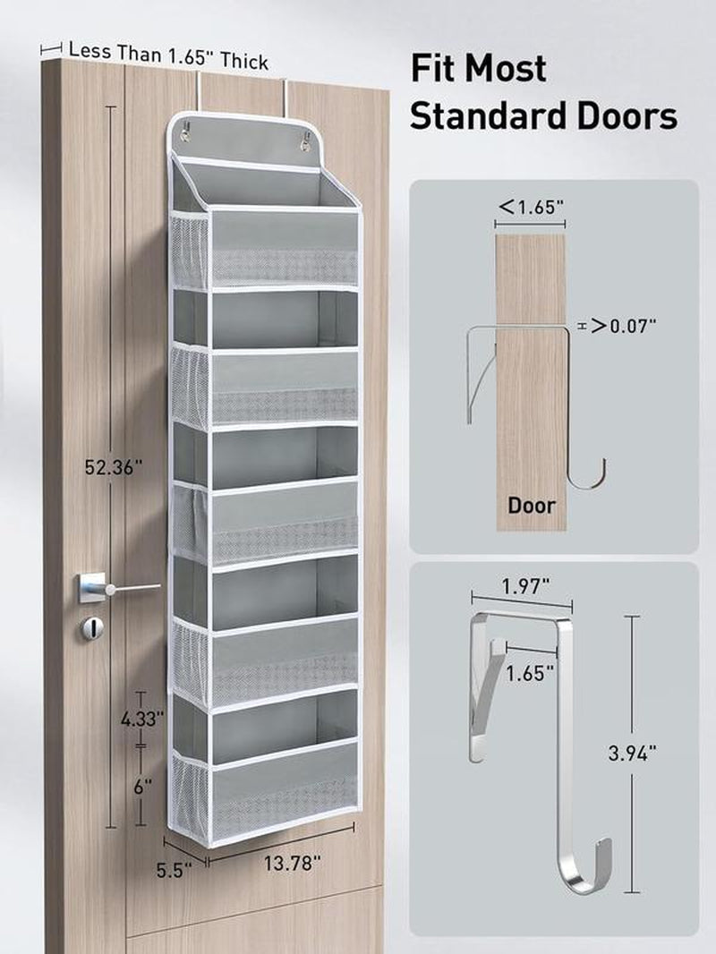 Over Door Organizer with 5 Storage Bins 10 Side Pockets, 44 Lbs Hanging Bathroom Organizer, Bedroom No Tilt Closet Organizer and Storage Rack, Baby Organizer, Extra Storage, Gray