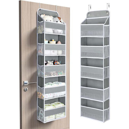 Over Door Organizer with 5 Storage Bins 10 Side Pockets, 44 Lbs Hanging Bathroom Organizer, Bedroom No Tilt Closet Organizer and Storage Rack, Baby Organizer, Extra Storage, Gray