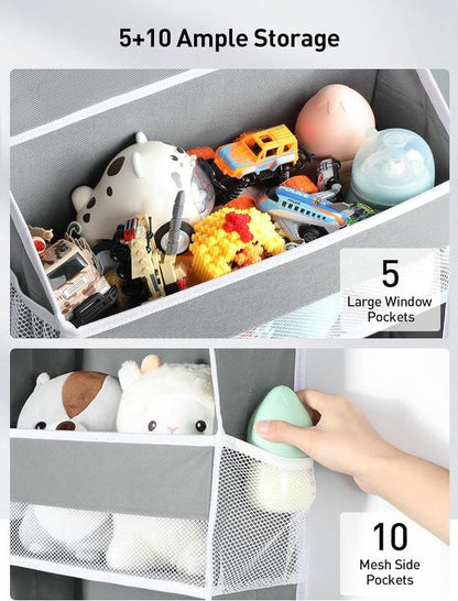 Over Door Organizer with 5 Storage Bins 10 Side Pockets, 44 Lbs Hanging Bathroom Organizer, Bedroom No Tilt Closet Organizer and Storage Rack, Baby Organizer, Extra Storage, Gray