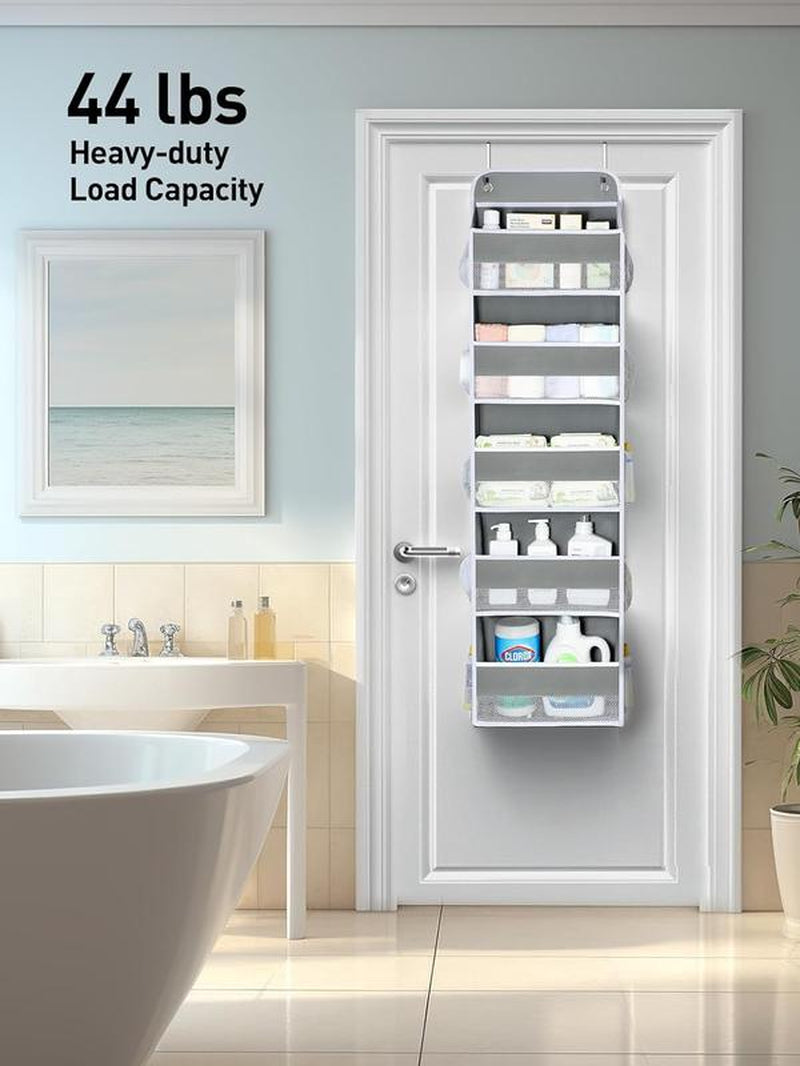 Over Door Organizer with 5 Storage Bins 10 Side Pockets, 44 Lbs Hanging Bathroom Organizer, Bedroom No Tilt Closet Organizer and Storage Rack, Baby Organizer, Extra Storage, Gray